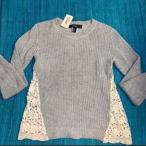 NWT GRAY RIBBED COTTON BLEND SWEATER WITH LACE INSETS S